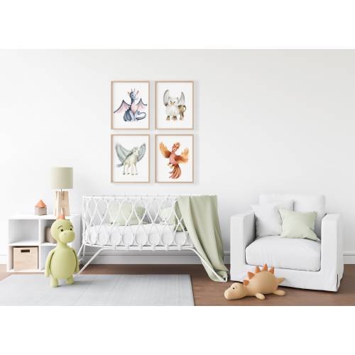 Mythological Baby Animal Prints, Fantasy Animal Art, Monster Prints for Kids, Griffin Print, Dragon Picture, Phoenix, Mythical Wall Decor,