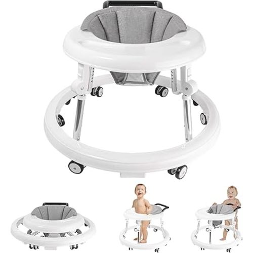 Baby Walker with Wheels, Activity Center with Mute Wheels Anti-Rollover, 5-Position Height Adjustable Foldable Baby Walker for Boys and Girls from 6-18 Months with Footrest
