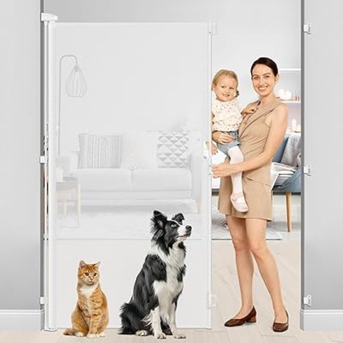 72 Inch Extra Tall Retractable Baby Gates for Doorways 55 Inch Wide Extra Tall Pet Gate Indoor Cat Barrier 6 Foot Wall Mounted Baby Gates for Dogs 6 Ft Retractable Gate Outdoor/Kitchen/Deck, White