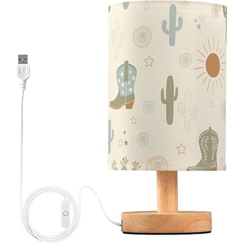 Retro Western Cowboy Cactus Bedside Table Lamp Nightstand Lamp with Wood Base Night Light Linen Fabric Shade for Bedroom Living Room Nursery Office Desk