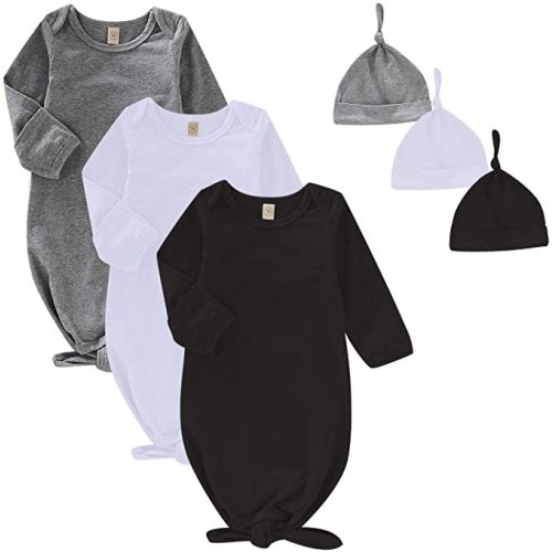 OPAWO Newborn Baby Knotted Gowns with Mitten Cuffs and Hat Baby Sleeper Gowns Coming Home Outfit for Baby Boy Girl 0-6 Months - Black/White/Gray
