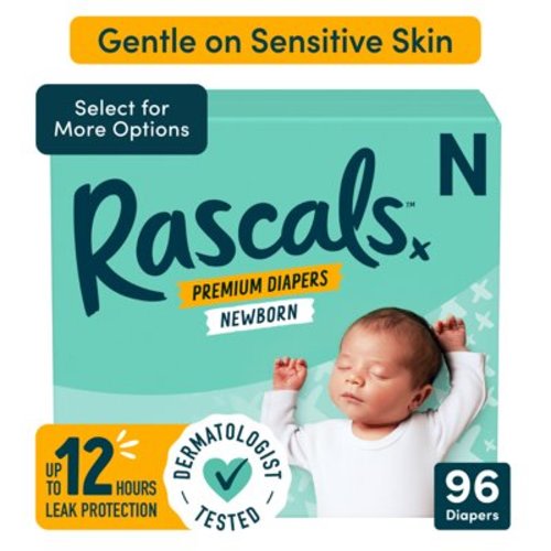 Rascals Premium Newborn Absorbent Baby Diapers Newborn, 96 Count (Select for More Options)