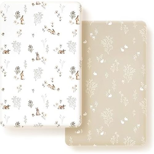 GRSSDER Stretch Ultra Soft Jersey Knit Fitted Pack n Play Sheets Set 2 Pack, Portable/Mini Crib Sheets for Boys and Girls, Stylish Watercolor Rabbit Pattern