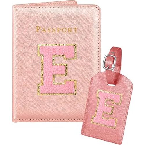 Slohif Passport Holder Initial Lugguage Tag Set Suitcase Cover Wallet Case for Travel Women - Leather Letter Passport Book Personalized Organizer Card Protector Sleeve Essentials Slim Carrier Red E