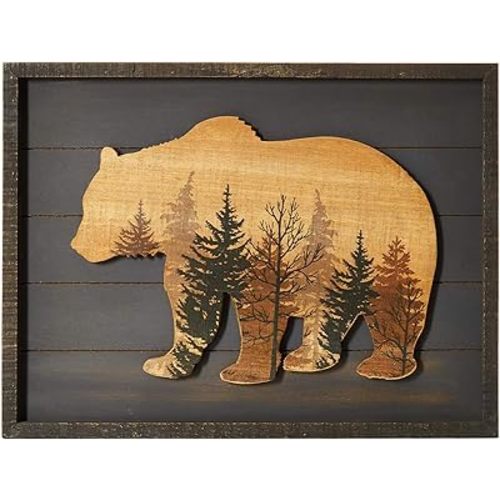 NIKKY HOME Cute Bear in The Forest Woodland Decorative Wood Framed Wall Art Prints Cabin Decor, 16" x 12", Dark Slate Grey