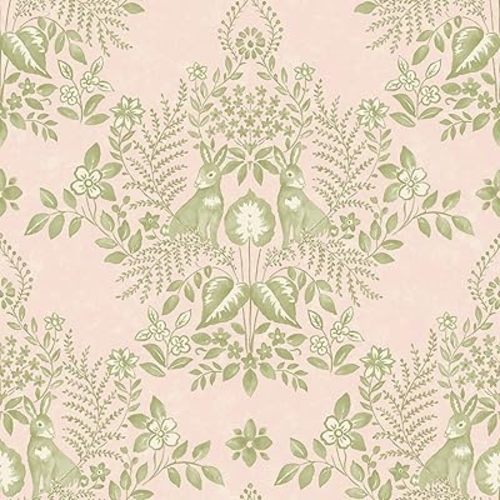 Erin & Ben Co. PSW1432RL Pink and Chartreuse Cottontail Toile Premium Peel and Stick Wallpaper