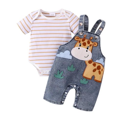 Baby Boy Clothes Newborn Striped Romper Summer Outfits + Infant Cartoon Animals Jeans Suspender Overalls 0-18 Months