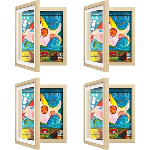 4 Pack Kids Art Frame, Kids Artwork Frames Changeable 8 x10.5 with Mat and 9 x12 Without Mat, Woodgrain Front Opening Children Picture Storage Frame for Wall Holds 50Pcs Crafts, Drawing, Art Projects