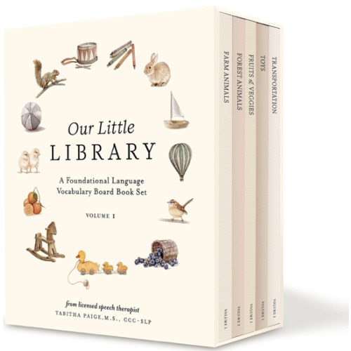 Our Little Library: A Foundational Language Vocabulary Board Book Set for Babies, Including Farm Animals, Forest Animals, Fruits and Veggies, Toys, and Transportation (Our Little Adventures Series)