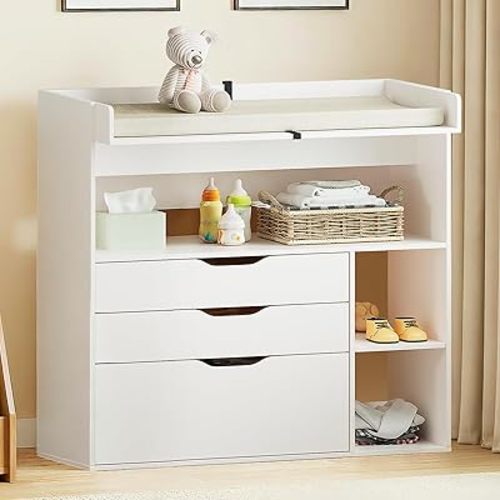 Pipleo Baby Changing Table Dresser with 3 Drawers and 3 Storage Shelves, Can be Used as a Baby Dresser with Changing Table Top, a Baby Changing Station, a Wood Diaper Changing Station (White)