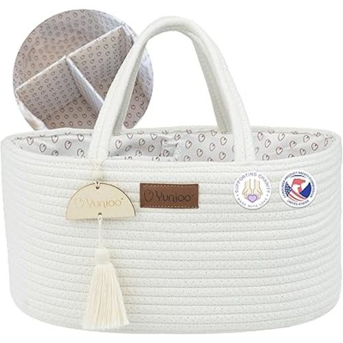 Diaper Caddy Organizer, Boho Diaper Bag Tote for Changing Table Necessities and Baby Essentials Must Haves for Newborn, Car Caddy Organizer, Portable Storage Basket for Boy or Girl, White