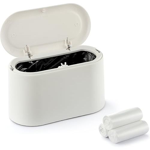 Mini Trash Can for Desk, Tiny Plastic Countertop Garbage Can with Lid, Easy to use and Keep Desktop Clean for Vanity, Bedside, Bathroom and Kitchen with 3 Rolls Trash Bags