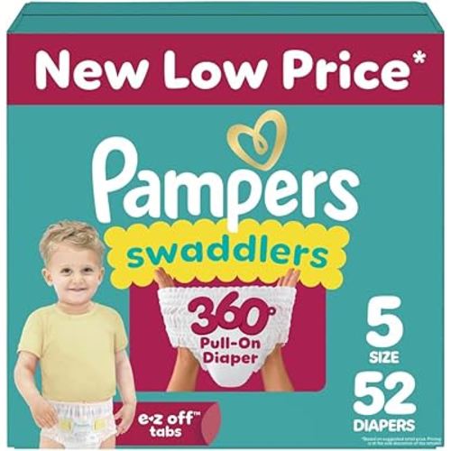 Pampers Pañales - Pañales para envolver 360° - Tamaño 5, 52 unidades, hasta 100% a prueba de fugas, cómodo ajuste seco, diseñado para cambios fáciles, pañal de bebé (el embalaje puede variar)
