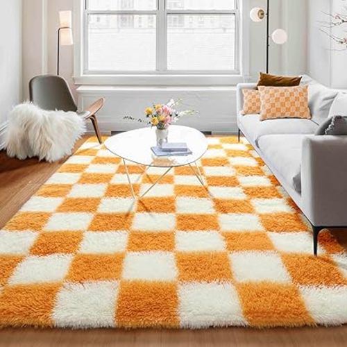 KICMOR Soft Fluffy 5x8 Orange and Cream White Rugs Living Room Carpets, Large Fuzzy Checkered Shag Area Rug Big Carpet for Bedroom, Indoor Plush Shaggy Rug for Nursery Teen Boys Girls Room Decor
