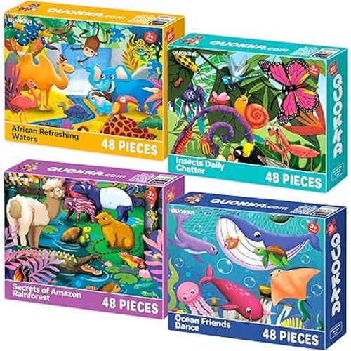 QUOKKA Puzzles for Toddlers 4-6 – 4 x 48 Pieces Jigsaw Puzzles for Kids Ages 3-5 – Learning Insects, African, Amazon, Ocean Animals Puzzle for 2-4 – Jigsaw Game for Boy and Girl 4-8 Year Old