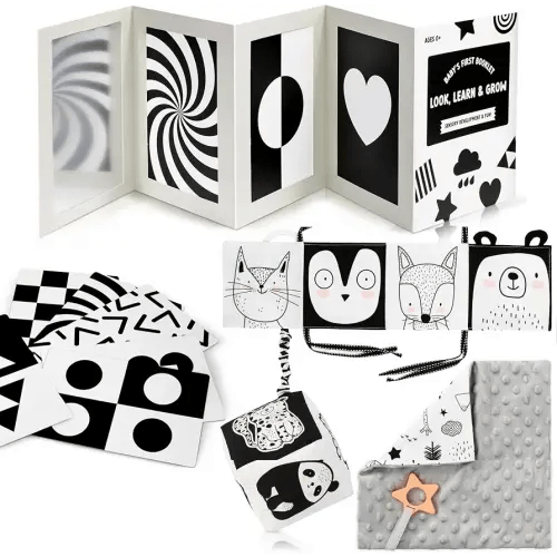 ZICOTO High Contrast Tummy Time Toys Bundle - Stimulating Black & White Sensory Development Toys for Newborns & Infants 0-3, 0-6 Months