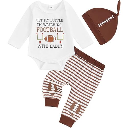 Lamuusaa Newborn Baby Boy Football Outfit Long Sleeve Football Letter Print Romper Stripe Long Pants Hat Fall Clothes