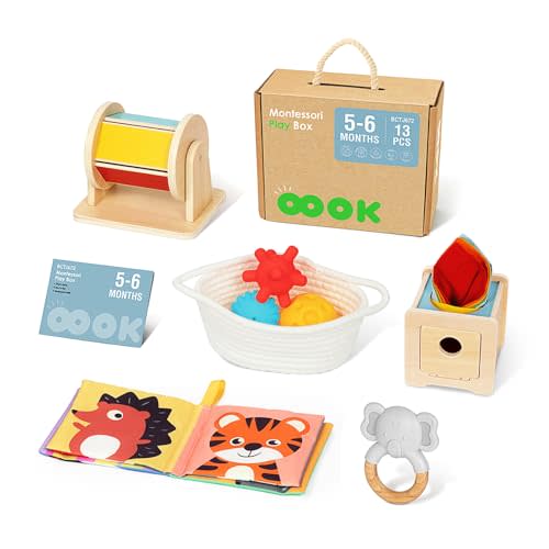OOOK Montessori Toys for Babies 0-6 Months, All-in-1 Newborn Toys with Baby Tissue Box Toy, Spinning Drum, Sensory Balls with Storage Basket, Cloth Book and Elephant Teether.