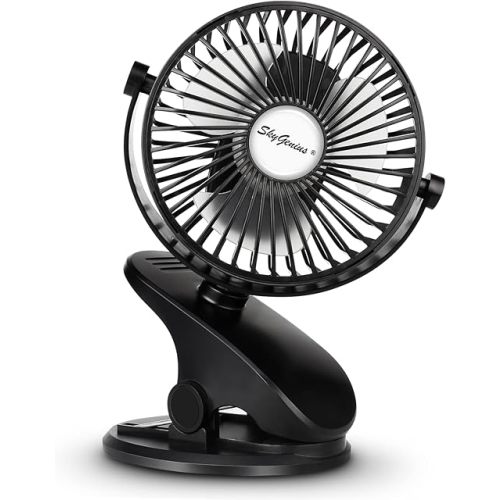 SkyGenius Battery Operated Stroller Fan, Rechargeable USB Powered Mini Clip on Desk Fan
