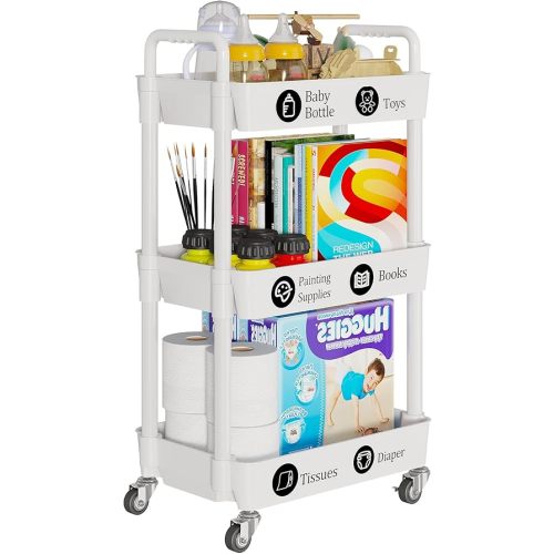 Laiensia 3-Tier Storage Cart,Multifunction Kitchen Storage Organizer,Mobile Shelving Unit Utility Rolling Cart with Lockable Wheels for Bathroom,Laundry,Living Room,With Classified Stickers,White