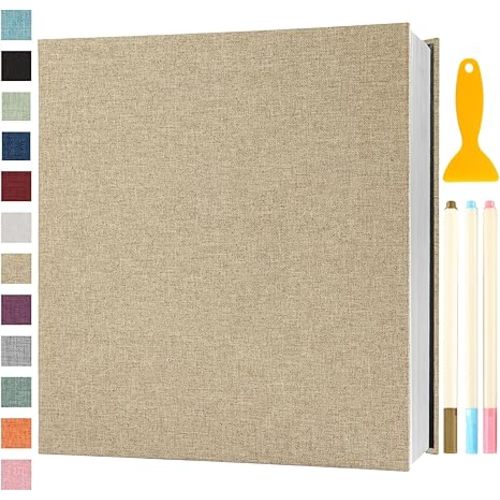 Photo Album Self Adhesive Pages Scrapbook Magnetic Photo Albums with Sticky Pages for 4x6 5x7 8x10 Pictures Books with A Metallic Pen for Baby Family Wedding 13.2x12.8 Yellow 120 Pages