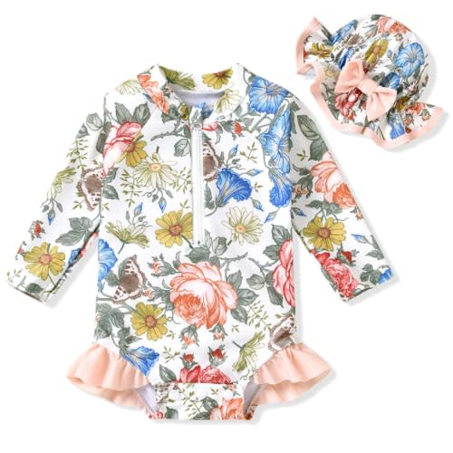 Aalizzwell Baby Girls Long Sleeve One Piece Swimsuit with Hat