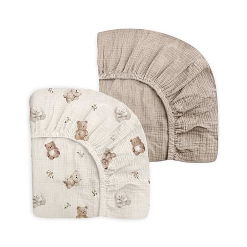 Crib Sheets for Baby Boy Girl 2 Pack, Fitted Crib Mattress Sheet 28" x 52", Muslin Toddler Bedding with Neutral Style, Nursery Bedding Essentials (Teddy & Friends)