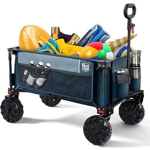 TIMBER RIDGE Outdoor Collapsible Wagon Utility Folding Cart Heavy Duty All Terrain Wheels for Shopping Camping Garden with Side Bag and Cup Holders, Blue
