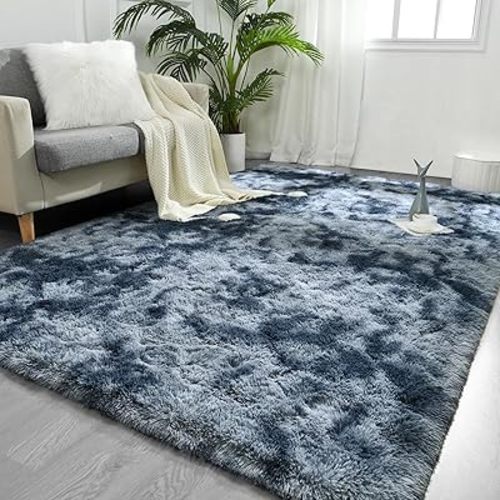 FlyDOIT Large Area Rugs for Living Room, 4x6 Feet Tie-Dyed Blue Grey Shaggy Rug Fluffy Throw Carpets, Ultra Soft Plush Modern Indoor Fuzzy Rugs for Bedroom Girls Kids Nursery Room Dorm Home Decor