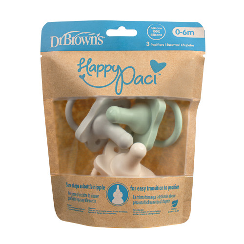 Dr. Brown’s HappyPaci 100% Silicone Baby Pacifier, Contoured One-Piece Design, Cool Gray, Green, Ecru, 0-6m, BPA Free, 3-Pack