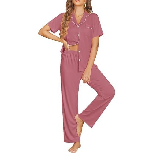 Ekouaer Womens Pajama Sets Button Down Pjs 2 Piece Short Sleeve Sleepwear with Pants Soft Loungewear