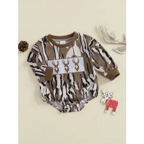 baby boy romper long sleeve crew neck camouflage embroidery - Temu