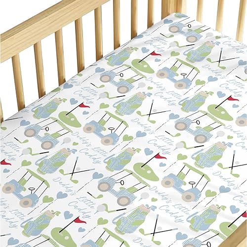 Baby Boys Standard Crib Sheet Blue Gingham Golfing, Cute Golf Daddy's Little Caddy Snug Fitted Mattress Covers, Soft Stretchy Breathable Nursery Kids Toddler Bed Decor Shower Gift 52 x 28