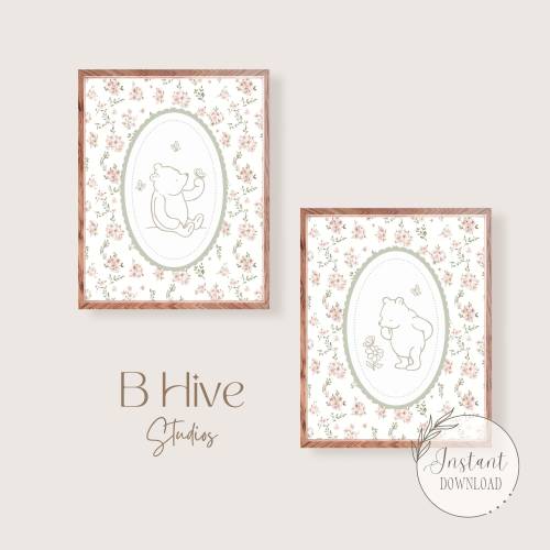 Classic Winnie the Pooh Nursery Art Prints, Pooh Bear Art, Girl Nursery Prints, Winnie Art, Pink Nursery Decor, Flower Art