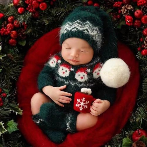 Ylsteed Christmas Newborn Boy Girl Photoshoot Outfits - Infant Rompers, Hat, and Socks - Photography Props Costume Set