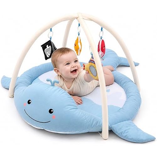 BubblinHome Baby Play Mat, Whale Tummy Time Mat with Toys, Baby Activity Gym for Infants 0–12 Months Sensory Floor Mat for Boys & Girls