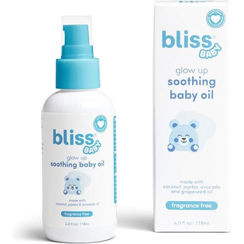 Bliss Baby Soothing Baby Oil, All Natural, Premium & Fragrance Free, Vegan - Made with Organic Avocado Oil & Other Plant-Based Ingredients, Dermatologist Tested, Hydrating Baby Massage Oil, 4 fl. Oz.