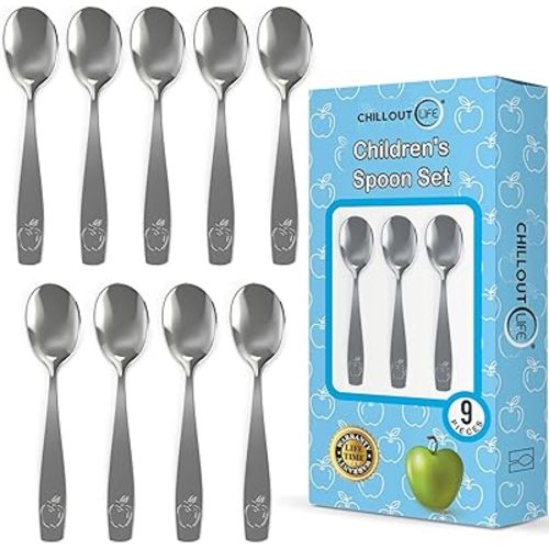 9 Piece Stainless Steel Kids Spoons - Child and Toddler Safe Flatware - Kids Utensil Set - Metal Kid Cutlery Set, Dinner Spoon Set for Dessert - Includes a Total of 9 Small Spoons