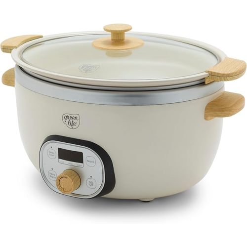 GreenLife 6QT Slow Cooker, Non-Toxic PFAS-Free Ceramic Nonstick Removable Interior Bowl, Programmable, Family Friendly, Keep Warm, Stovetop & Oven Safe, Dishwasher Safe Crock, Timer, Glass Lid, Cream