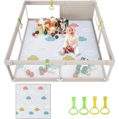 Baby Playpen with Mat, 59x59inch Playpen for Babies and Toddlers, Kids Play Pen, Extra Large Baby Playpen,Baby Fence,Big Playpen for Infants with Gate,Playard for Baby