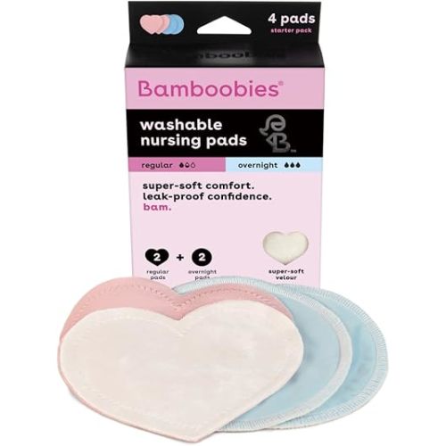 Bamboobies Women’s Nursing Pads, Reusable and Washable, Pink Regular and Blue Overnight, Variety Pack, Leak-Proof Pads for Breastfeeding, 2 Pairs