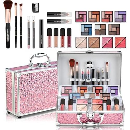 Color Nymph Starter Makeup Kit for Tweens Girls, Train Case for Women Full Kit with Eye Shadow, Lipstick, Blush, Brushes, Lipgloss, Mascara, Brow Wax and Mirror Pink Full Starter Cosmetics Set