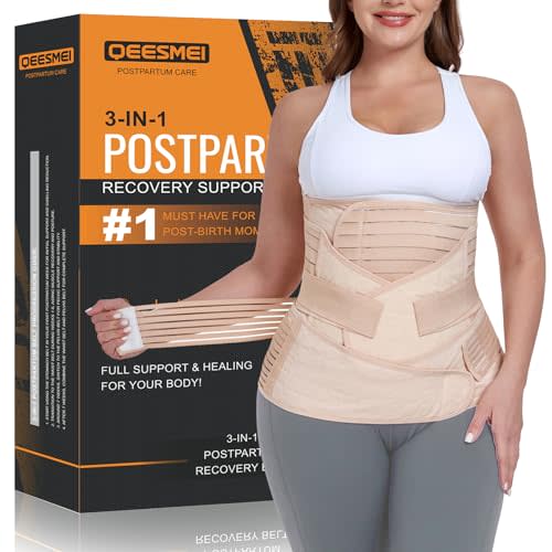 QEESMEI 3 in 1 Postpartum Belly Support Recovery Wrap - Postpartum Belly Band - Postpartum Essentials Post Partum Waist Binder, Post Surgery Abdominal Binder Shapewear (Beige, L)