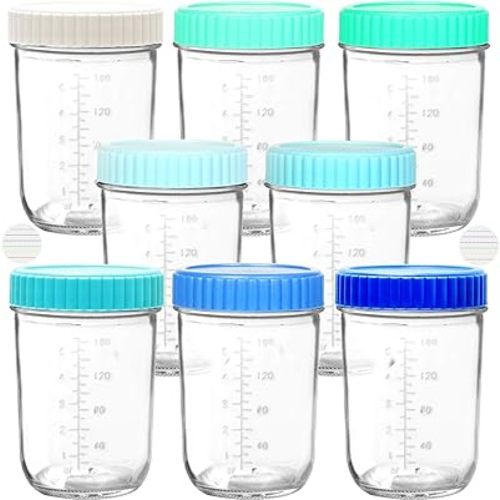 Youngever 8 juegos de almacenamiento de alimentos de vidrio para bebés, recipientes de vidrio con tapas herméticas, 8 colores costeros (8 onzas)