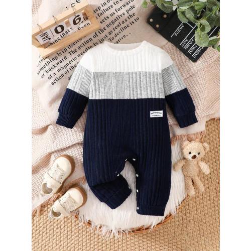 SHEIN 1pc Baby Boys Colorblock Round Neck Long Sleeve Romper