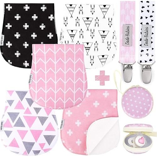 Dodo Babies 5-Pack Baby Burp Cloths - Soft, Absorbent Cotton Burp Cloths - Includes Pacifier Case and 2 Pacifier Clips - Colors: Pink, Grey and Black