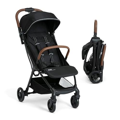 Jeep Altitude Compact Travel Stroller by Delta Children Greenguard Gold, Easy One Hand Fold, Lightweight, Extendable Canopy with Peek-a-Boo Window, Reclining Seat, 4 Wheel Suspension, Black