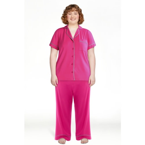 Joyspun Women's Dreamy Soft Collection Notch Collar Short Sleeve Knit Top & Capri Pajama Set, 2-Piece, Sizes XS-3X
