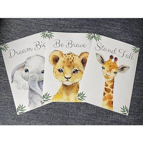 Baby Safari Animals for Girl or Boy Nursery Bedroom, Set of 3 Unframed Wall Art Prints, Jungle Leaves Quote Posters, Nursery Decor Gift, Giraffe Elephant Lion, Stand Tall Dream Big Be Brave (11x14)