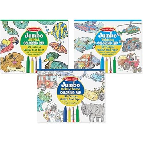 Melissa & Doug Jumbo 50-Page Kids' Coloring Pads 3-Pack - Animals, Vehicles, and Multi-Themed - FSC Certified